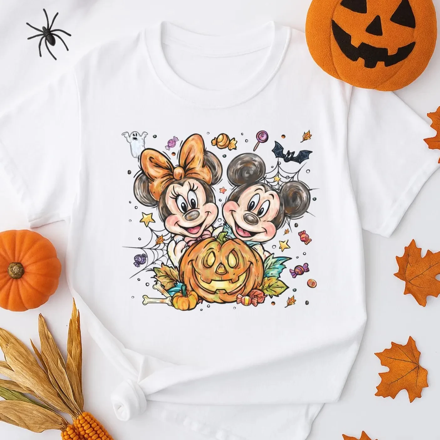 2026 new Round-neck Halloween cartoon couple pumpkin pattern T-shirt, autumn candy ghost bat girl style casual T-shirt