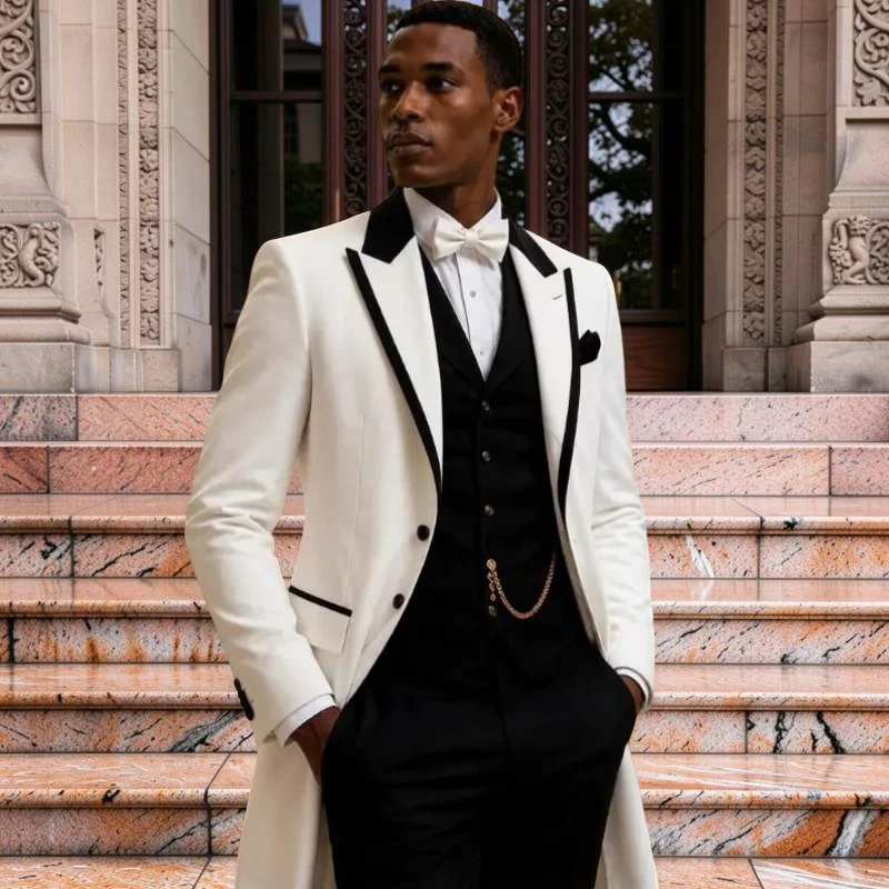3 Pièces Costumes de Mariage pour Hommes Coupe Slim Veste de Smoking Longue pour Marié Simple Boutonnage Sur Mesure Costumes Formels de Bal pour Tenue Diplomatique