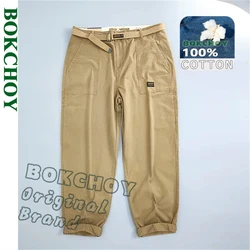 Spring Autumn Pure Cotton Loose Cargo Pants Men Clothing Casual Belt Mid Waist Slim Fit Joggers Men Trouser AZ329