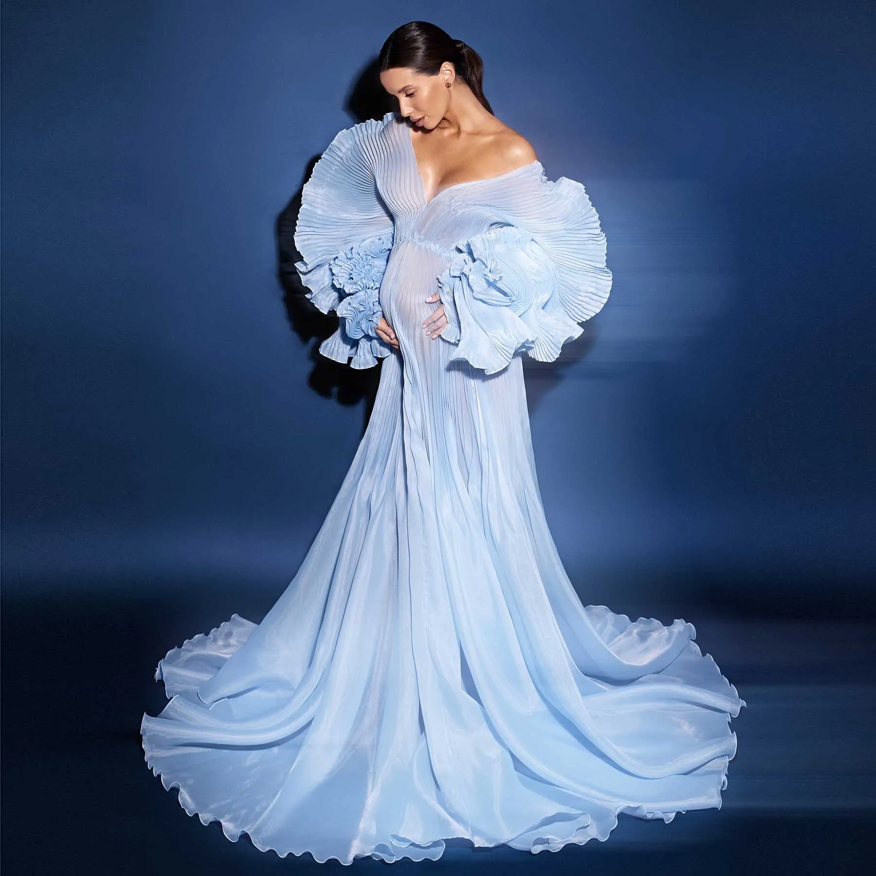 

New Arrival Blue Pleated Maternity Dress Photoshoot Custom платье для беременных Puffy Pleats Pregnancy Dress