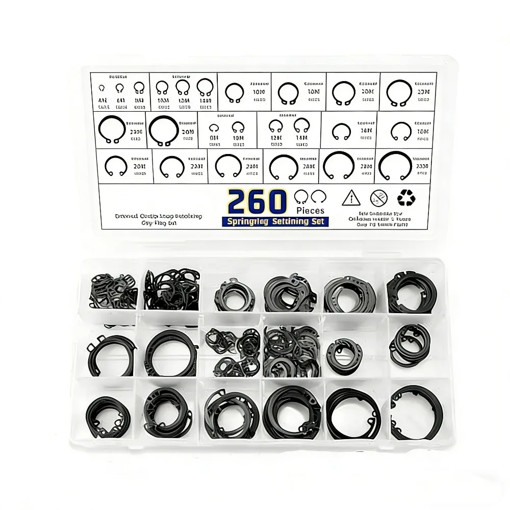 260Pcs Black C-Clip E-Clip Retaining Ring Assortment 12 Sizes 4‑30mm with Snap Ring Pliers for Shaft Hole Mechanical Repair