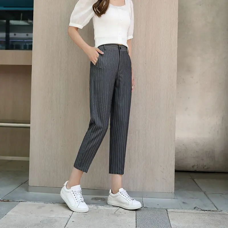 Office Lady Fashion Slim Striped Harlan Pants Streetwear Koreon New Spring Summer Thin Women High Waist Casual Suit Trousers 2XL