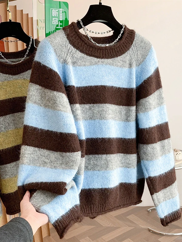 لينة Thiened المرأة سترة الرجعية مخطط اللون بلو محبوك أعلى الخريف الشتاء Faion السيدات كنزة صوفية Crewne #5