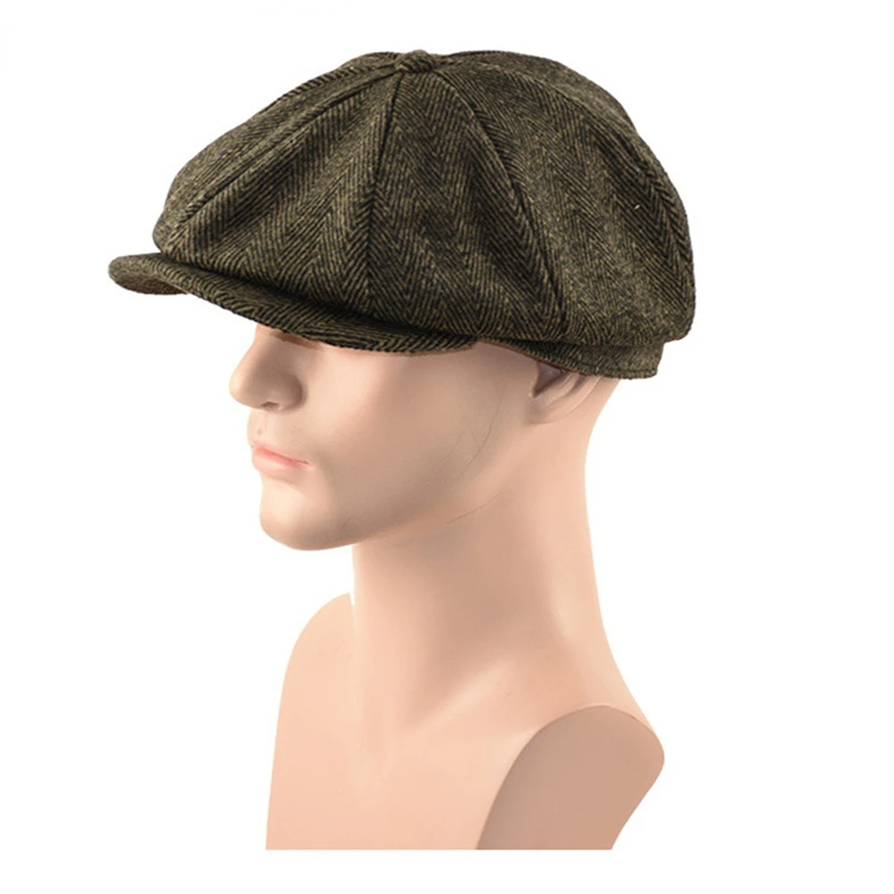 NEWSBOY Wool Mens Hats Vintage Herringbone Flat Cap Woolen Autumn Winter Male Beret Hat Black Coffee