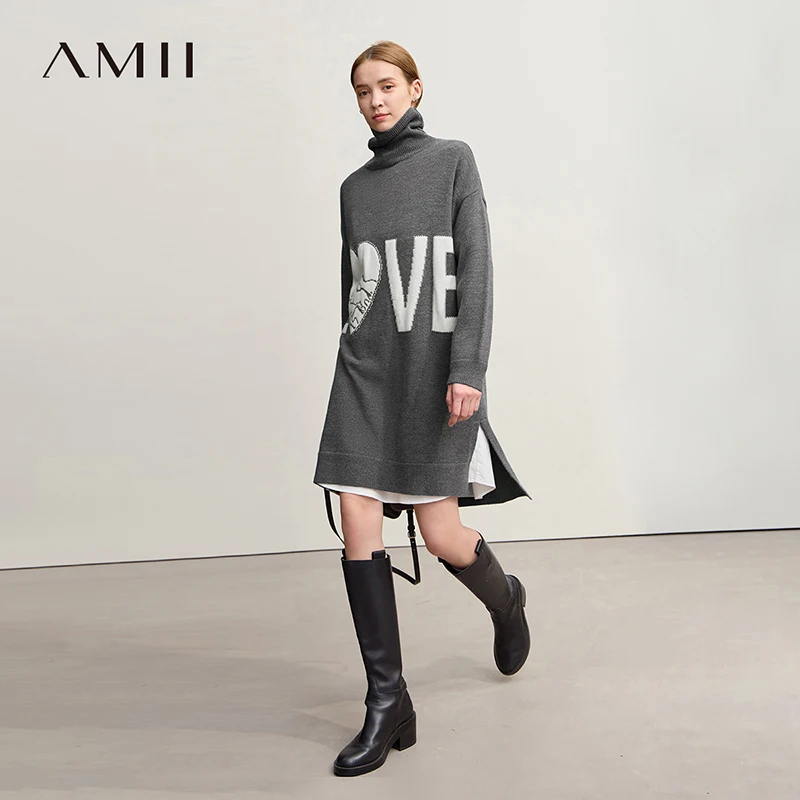 

Amii Short Dresses 2025 Winter New Casual Turtleneck Long Sleeves Letter Jacquard Dresses For Woman Loose Knitted Skirt 12544067