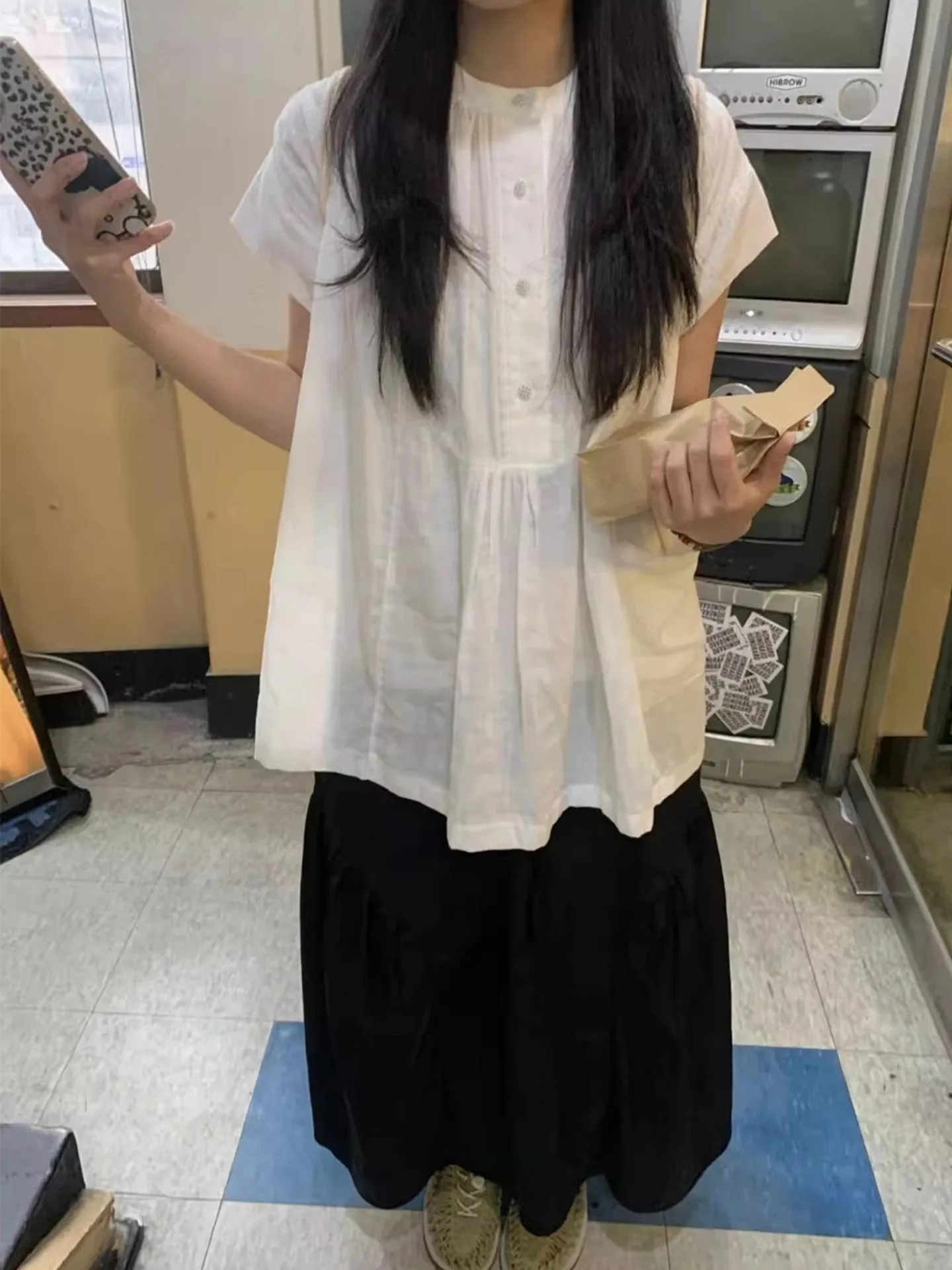 

Retro round Neck Polka Dot Button Loose Long Sleeve Doll Shirt Korean Style Commute Fashion Summer Casual Women's Blouse