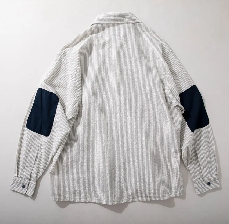 Men Japanese Vintage Spliced Bubble Gauze Long Sleeve Shirt 100% Cotton Loose Casual Striped Button Up Layering Tops
