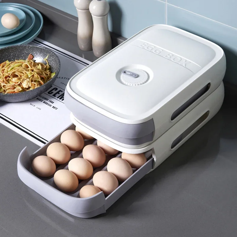 Automatic Rolling Egg Holder Storage Box Drawer Refrigerator Eggs Organizer Space Saver Container Kitchen Organizer Stackable