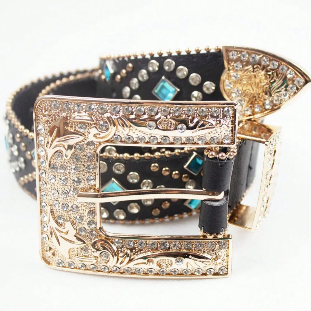 Glitter Vintage Punk Black Metal Decorative Fastener Buckle Belt Women, Bohemia Rhinestone Leather Rivet Belts for Woman Luxury