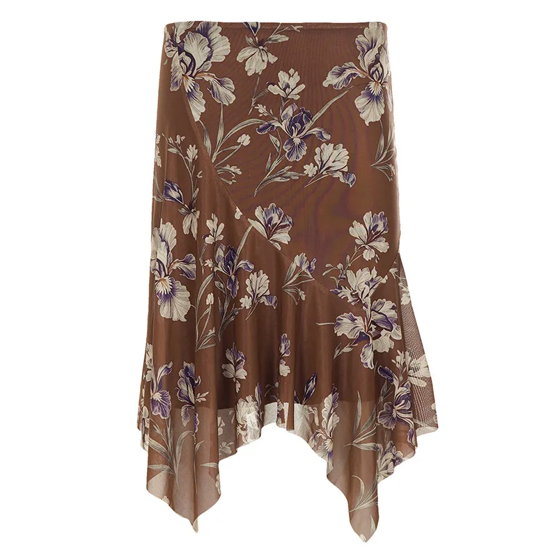 Retro style floral print mesh irregular skirt vacation style street casual fashion wrapper hip mid skirts