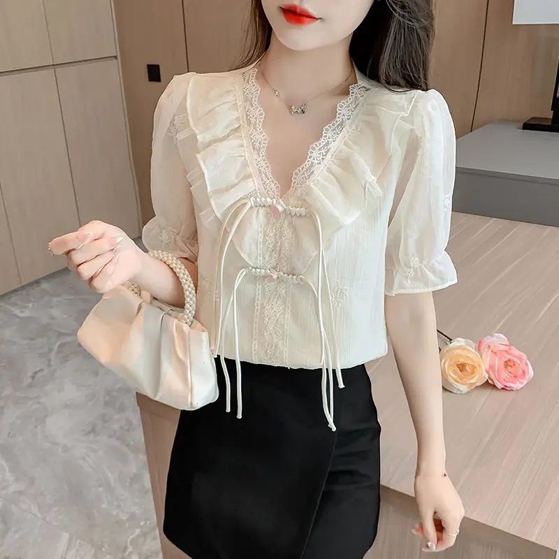 

Lace Trim Temperament Bubble Sleeve Chiffon Shirt Summer Beautiful Lotus Edge V-neck Short Sleeve