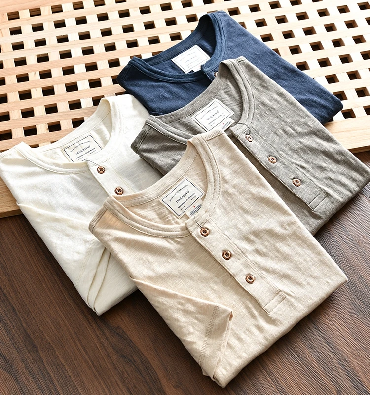 Cotton Linen Blend Bamboo Texture Summer Men's American Casual Breathable Henry Collar Versatile Short Sleeve T-Shirt