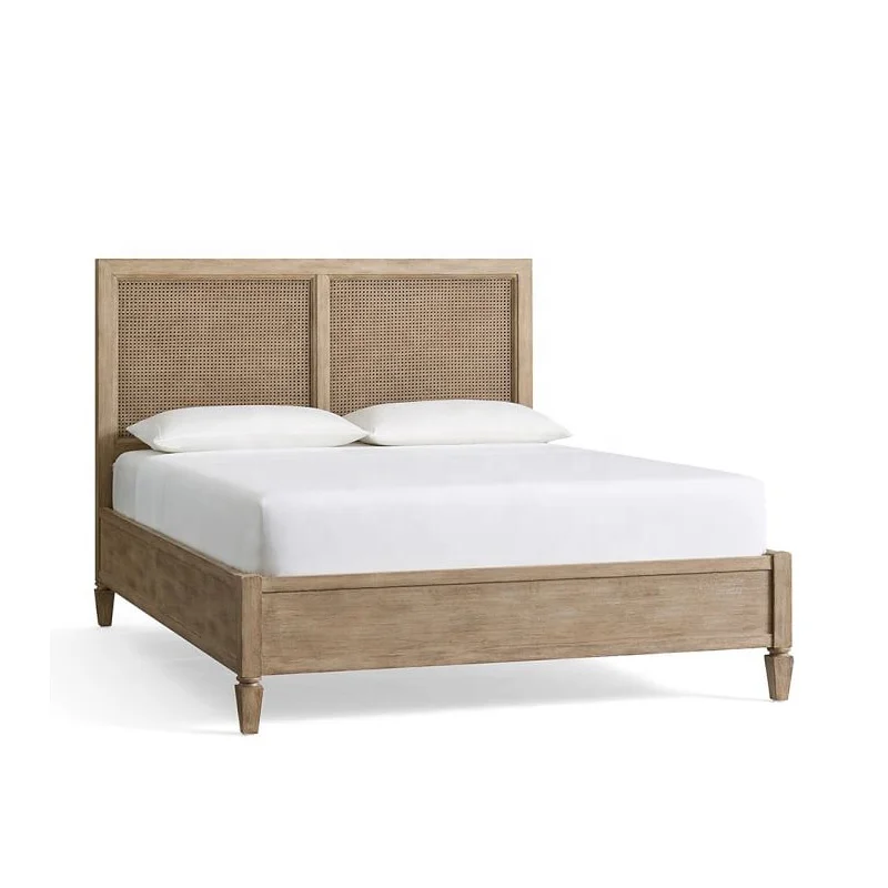 Global Style Bedroom Funiture With Woven Of Rattan Headboard Wooden Frame Vintage Rattan Bed Set