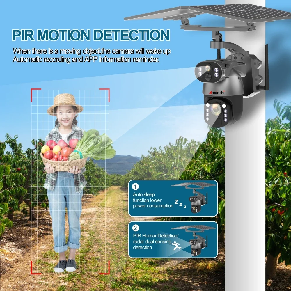Anxinshi Brand 4G LTE Solar Powered Wireless UBox App Solar Camera with 50X Zoom Support Two Way Audio with Two Solar Panel