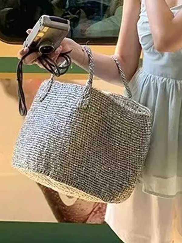 

Retro Handwoven Silver Basket Handbag Women's Summer New Sle Luxury Small Luxury Soft Polyester Interior Large Size Bag