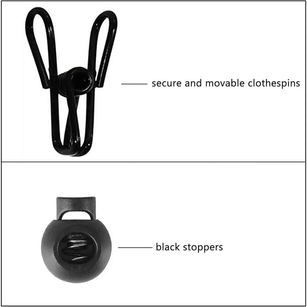 Adjustable Outdoor Clothesline with 12 Clips for Home, Travel, and Hanging Clothes in Black