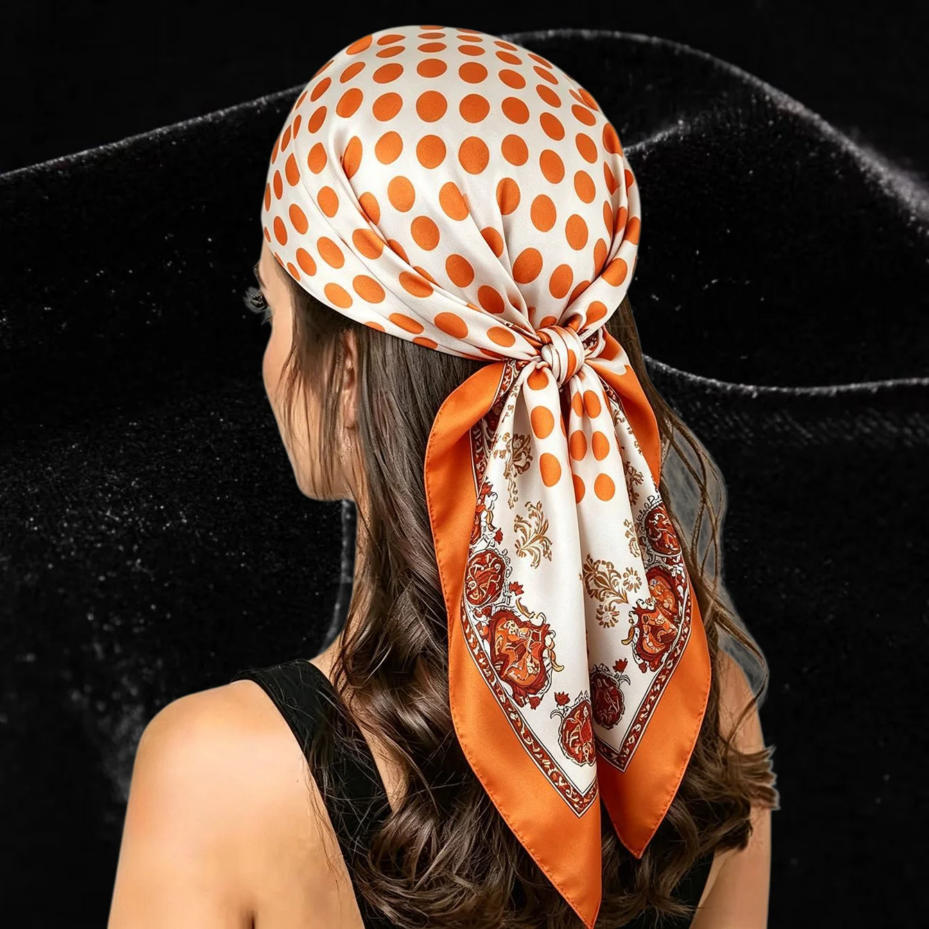 90cm Dot Print Satin Square Scarf Elegant retro headscarf women artistic accessory Beige brown dot satin with baroque border