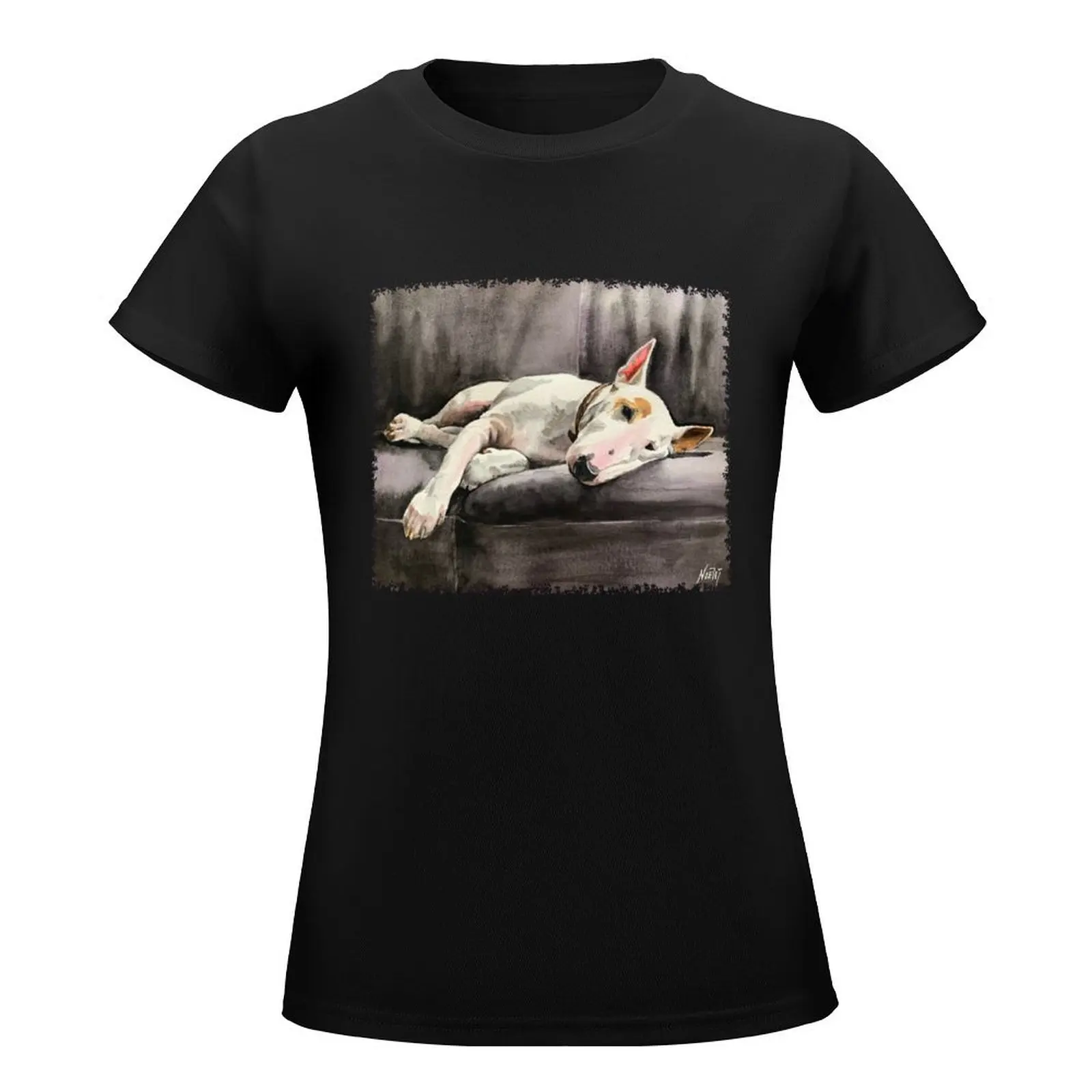 White bull terrier on a black couch T-Shirt summer clothes anime clothes Female clothing Women t-shirts