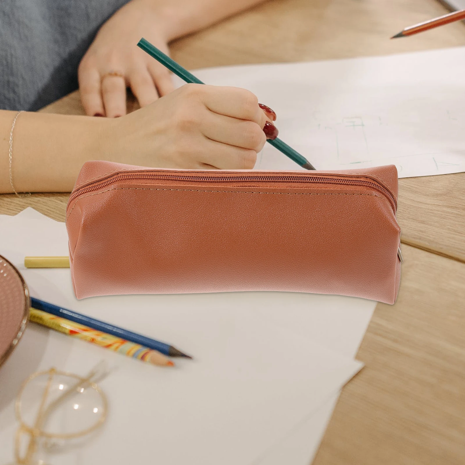 

s Makeup Brush Bag Unisex Simple ganizer Brown Slim Pencil Case Travel Holder Pen Pouch Portable Stationery