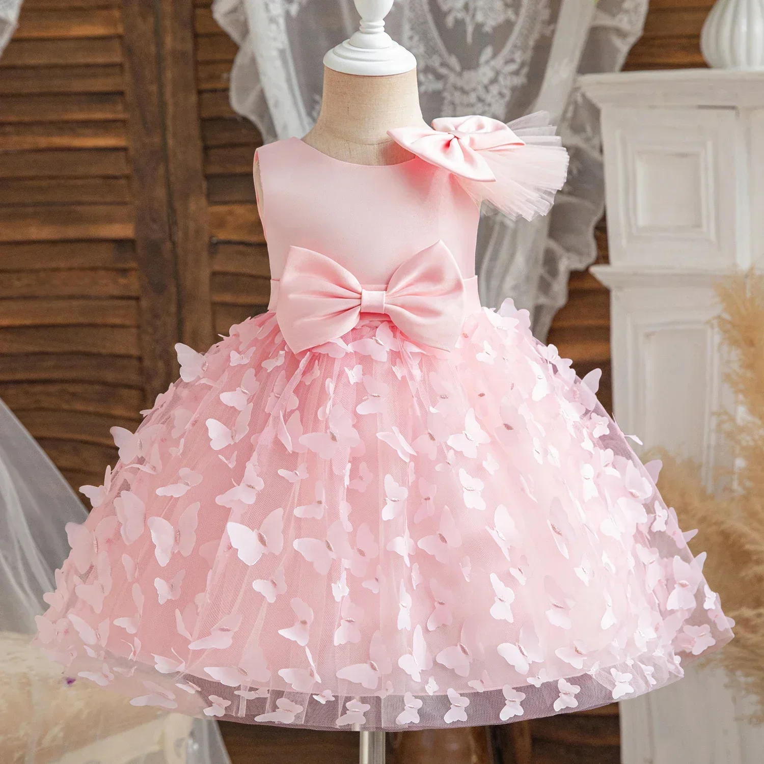 Baby Girl Party Dress 2024 Summer New 3D Butterfly Mesh Children\'s Dress Toddler Kids 1st Birthday Baptism Gown Bridesmaid Dress