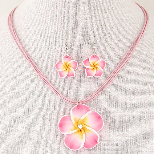 Women\'s sweet Plumeria Flowers Jewelry Sets Polymer Clay Fimo Earrings  Pendant Necklace