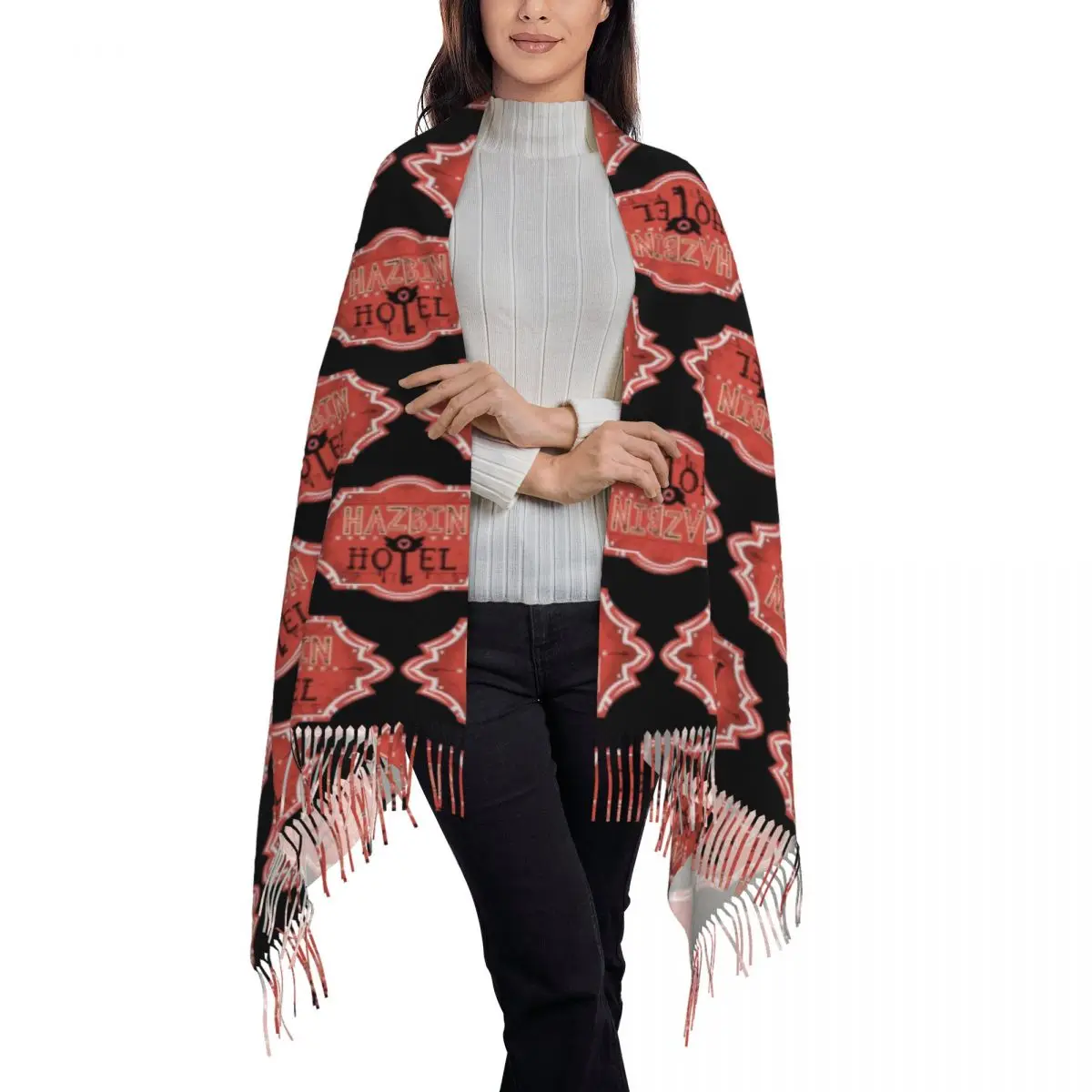 Hazbines Hoteles Alastor Vox Printed Scarf Tassel Scarves Women Soft Warm Shawls and Wraps Large Fall Winter Shawl Wrap