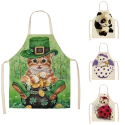 Cat and Panda pattern linen apron home kitchen cooking baking apron dining bib cleaning anti-fouling tool for men and women