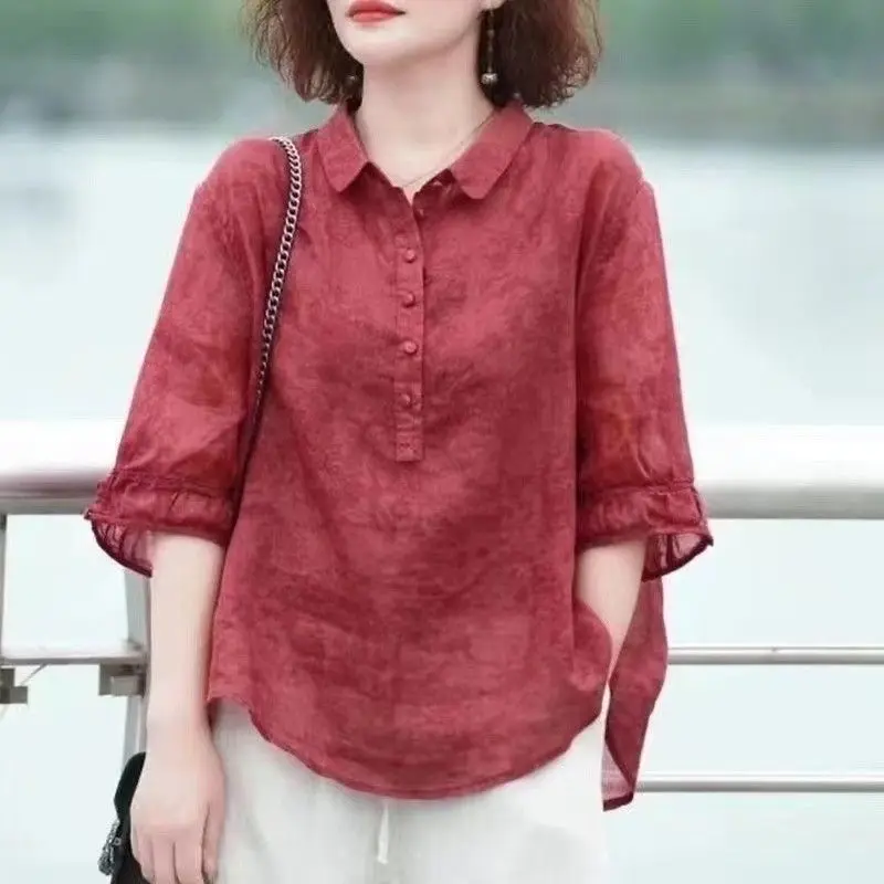 

Women's New Jacquard Lapel Shirt Two-piece Set Stylish Mid Sleeve Set