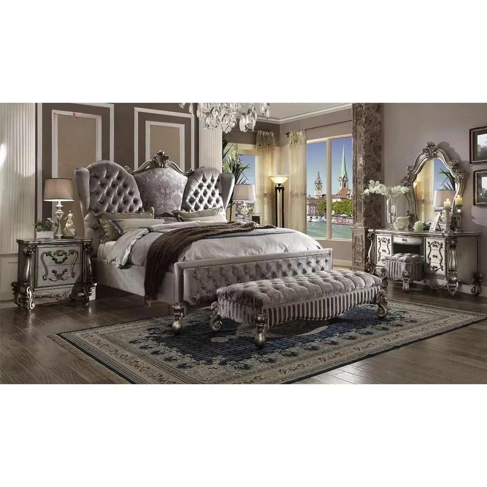 Furniture Antique Regally Tufted Victorian - Style Traditional Bed with Silk Upholstery and Gold Leaf Accents