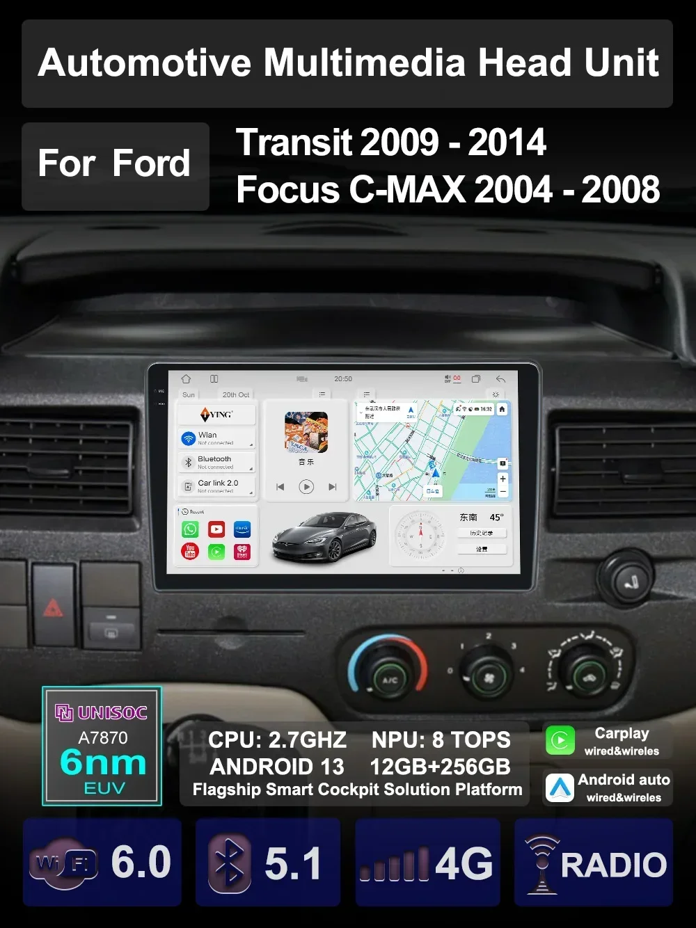 For FORD Transit 2009-2014 Focus C-MAX Car Multimedia Carplay Android Auto GPS Navigation Radio stereo Video Palyer Head Unit