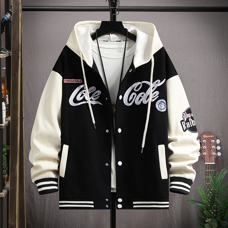 Men Hood Jacket American Style Hooded Baseball Coat Casual Spring Autumn Korean Version Loose Fit Couple Sportswear