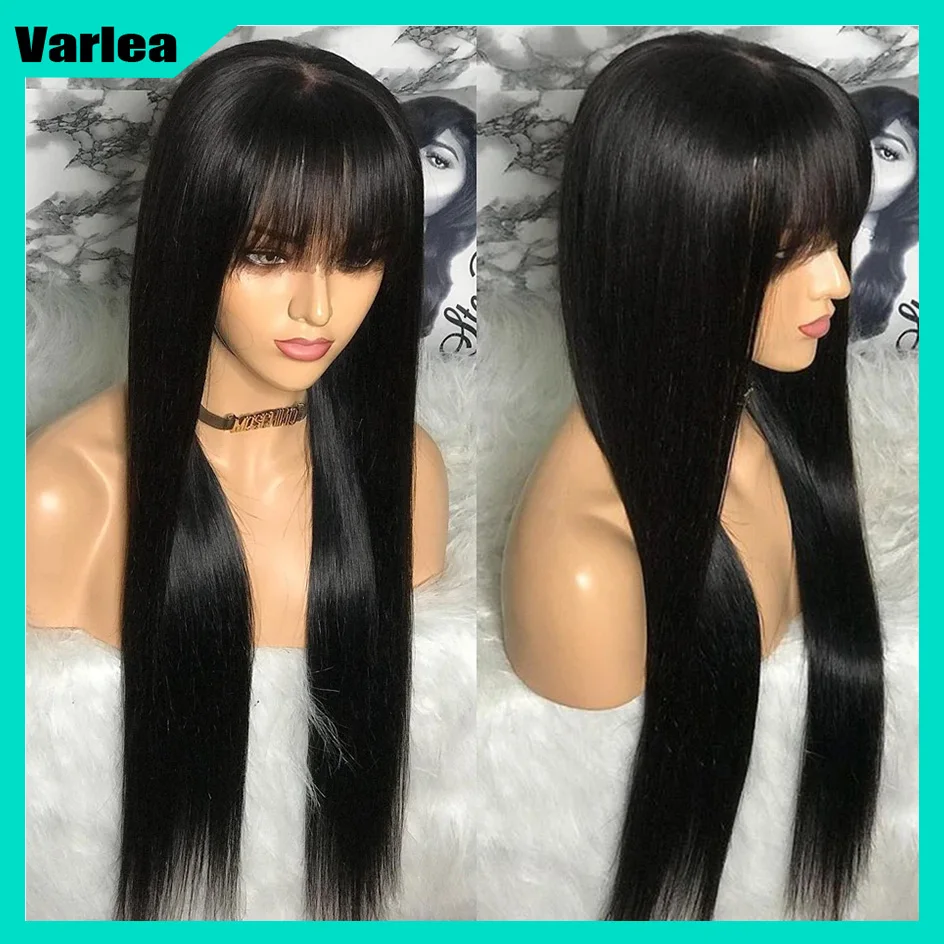 Varlea Brazilian Short Bob Human Hair Wigs Full Machine Straight Wig Black Wig Human Hair Full Woven With Bangs Wig 200% Density