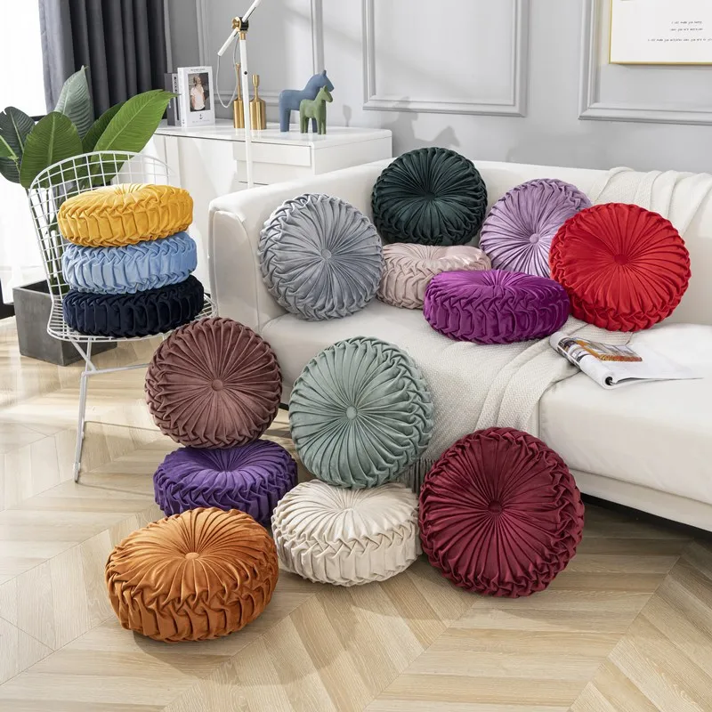 

Pumpkin Wheel Shaped Throw Pillow, Handmade Quilted Round Decorative Cushion, Luxury Velvet for Sofa Living Room, Floor Tatami