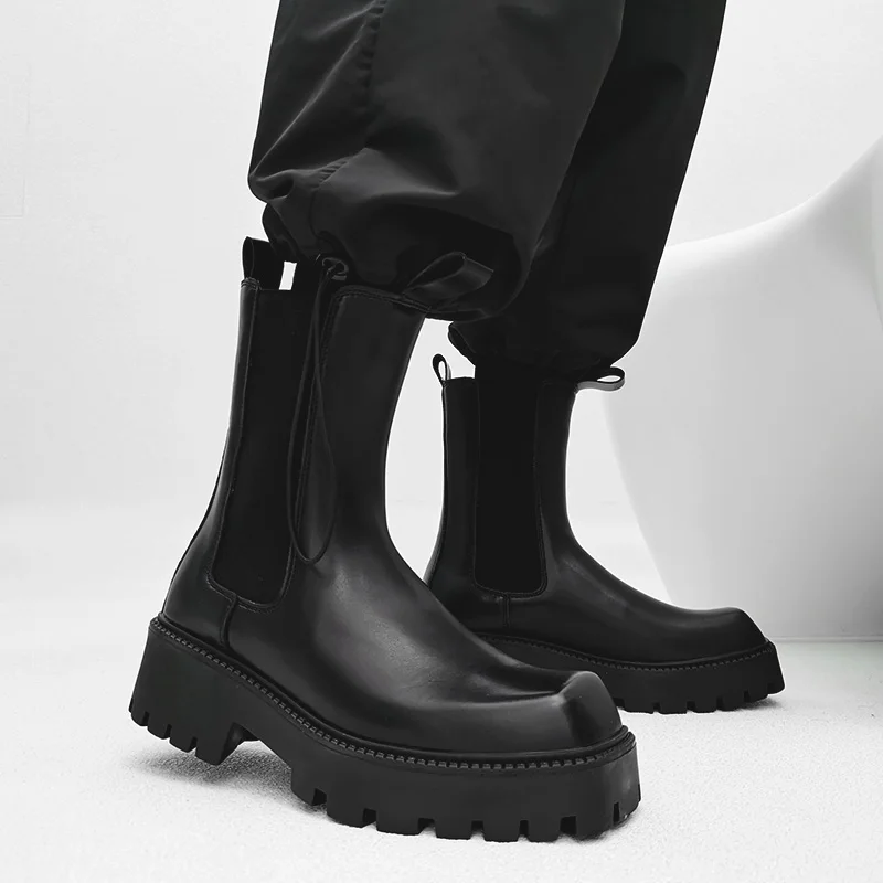 men fashion high top chimney boots brand designer square toe shoes punk stage orginal leather platform boot long chelsea botas