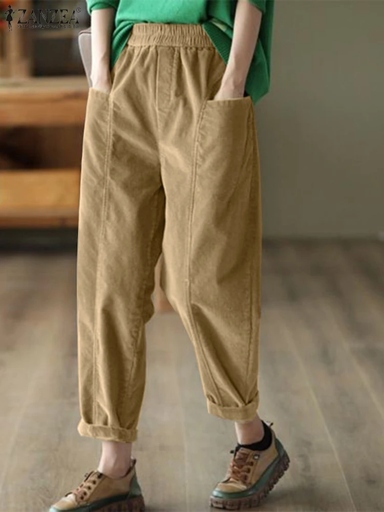 ZANZEA 2024 Autumn Elastic Waist Pockets Pantalons Women Long Pants Casual Loose Harem Trousers Fashion Solid Color Pants Femme