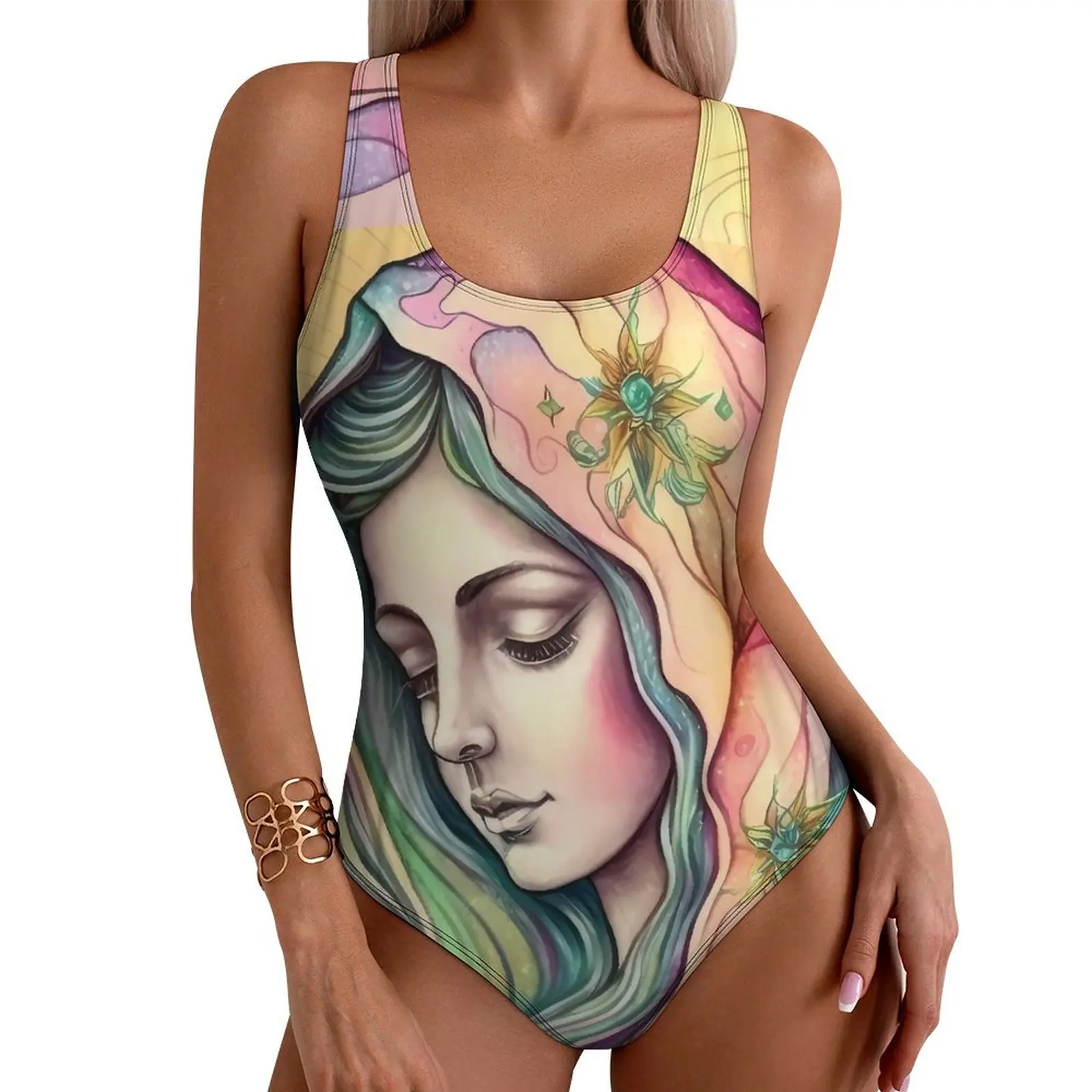 Virgin Mary Swimsuit Sexy Catholic Christian Mother Women Swimwear Retro Bodysuit Holiday Swim Push Up Hollow Out Bathing Suit