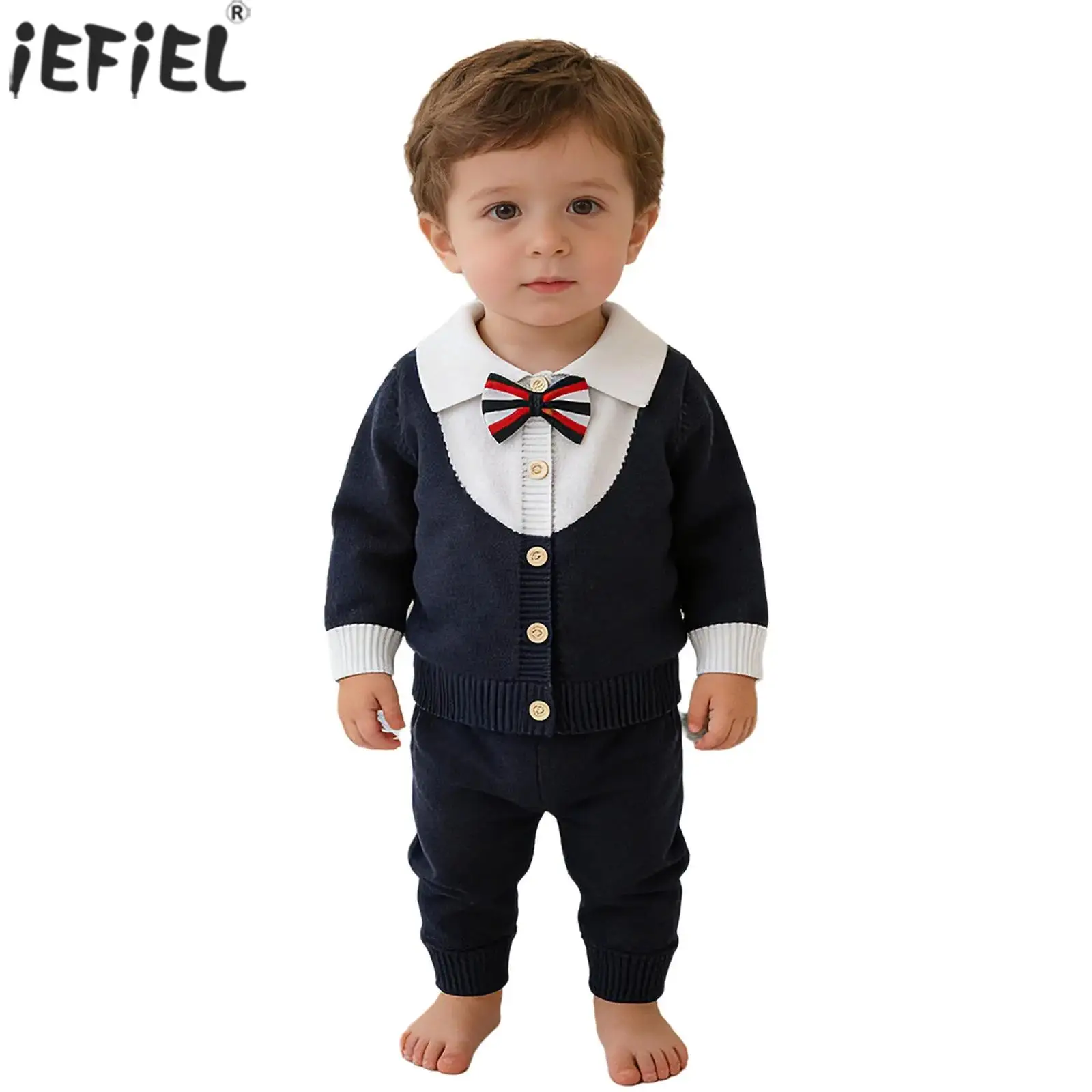 

Новый комплект для новорожденных мальчиков: трикотажный костюм-смокинг с длинным рукавом, рубашкой на пуговицах и галстуком-бабочкой, брюками. Идеально для дня рождения, свадьбы, торжественных мероприятий.