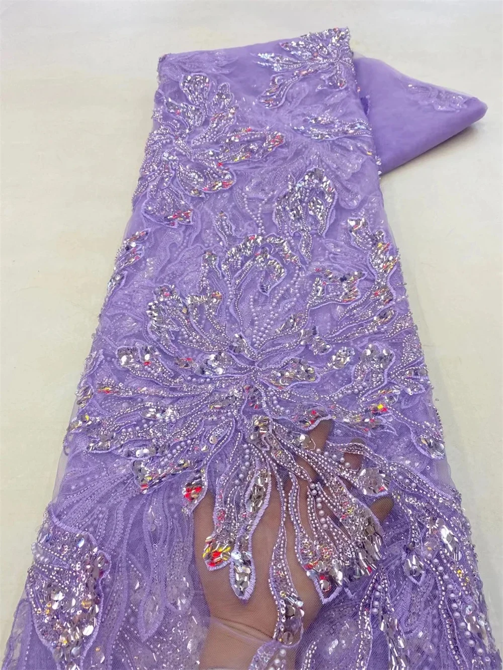 High-End Handmade Beaded Lace Fabric Embroidery French Lace Wedding Dress Embroidered Aqua Tulle Fabric