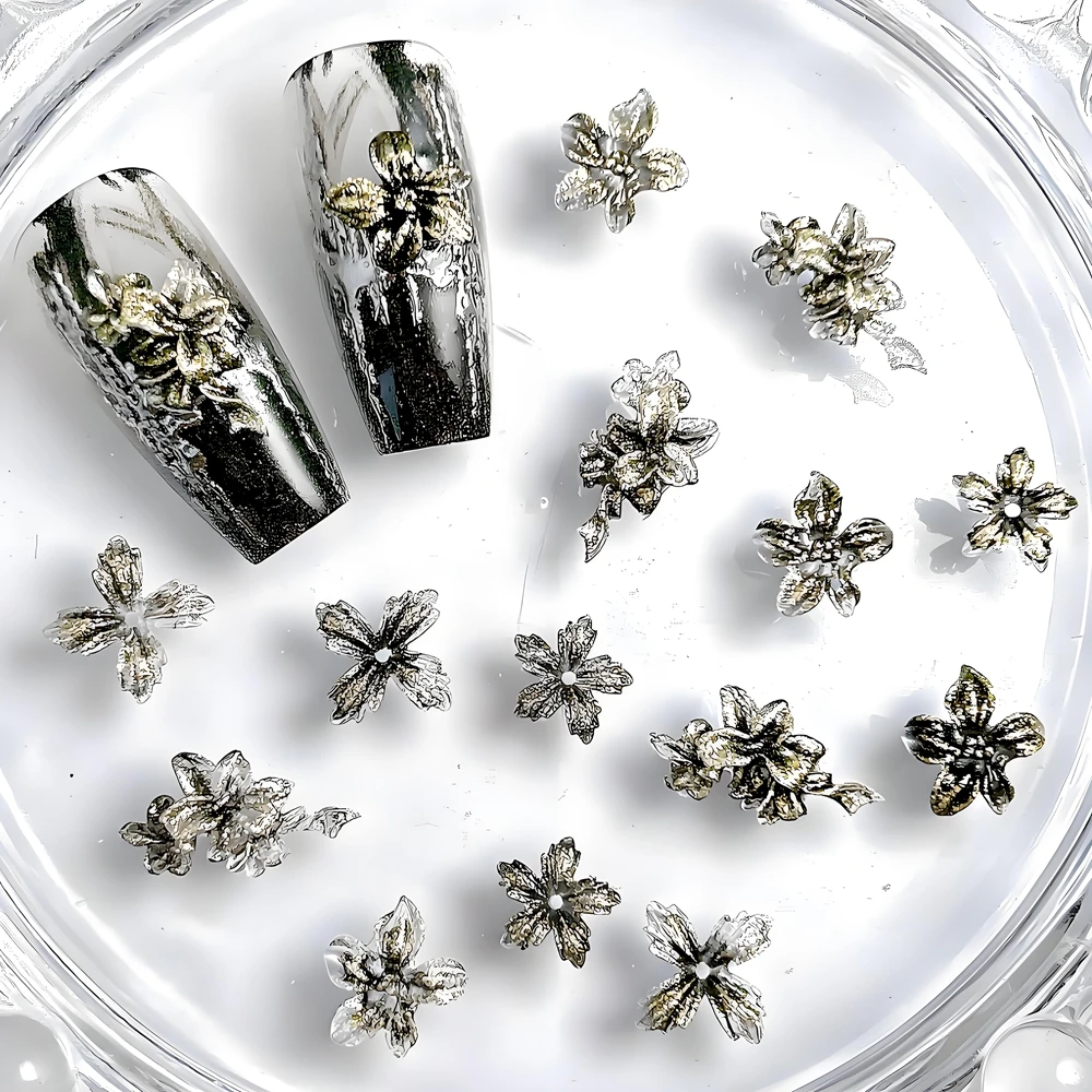 

50PCS Gold black Acrylic Nail Art Flowers Charms Accessories Resin Parts For Glitter Nails Decoration Manicure Suppies Material