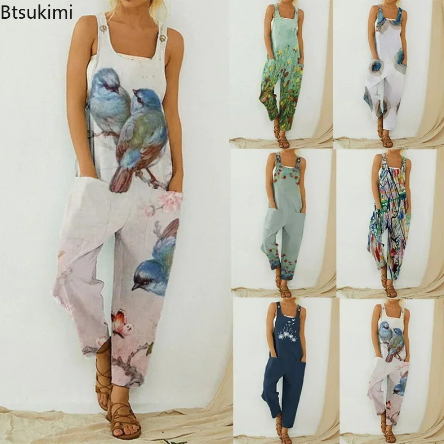 2026 New Women's Casual Overalls Jumpsuit Vintage Printed Summer Sleeveless Straps Rompers Wide Leg Suspender Pants with Pockets
