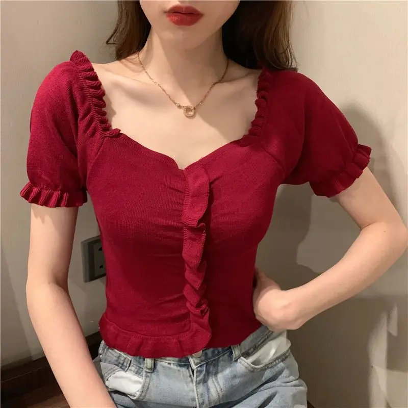 Summer New Short Slim T Shirts Short Sleeve Pleated All-match Solid Color Sexy Tops Tees Sweet Fashion Trend Women Clothing