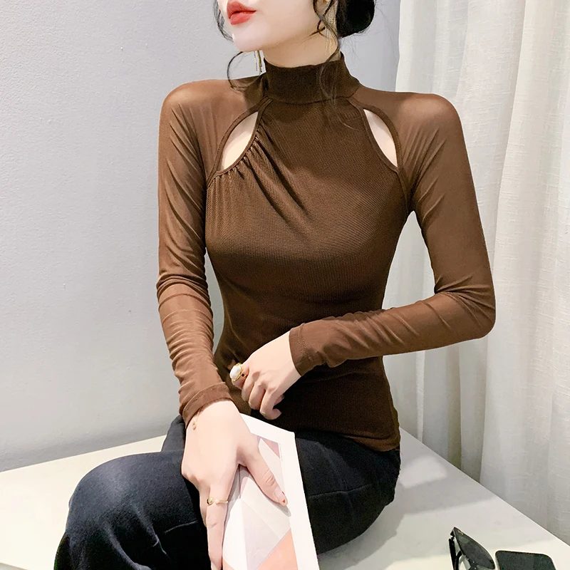 

2024 New European Clothes Fall Winter T-Shirt Chic Sexy Turtleneck Hollow Out Draped Mesh Women Tops Long Sleeve Hot Tees 49042