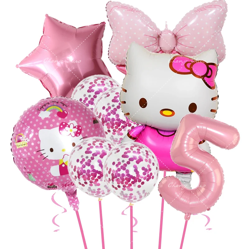 9Pcs Hello Kitty Balloon Set Sanrio Cartoon Cat 32in Number Foil Balloons for Girls Birthday Party Decor Baby Shower Supplies