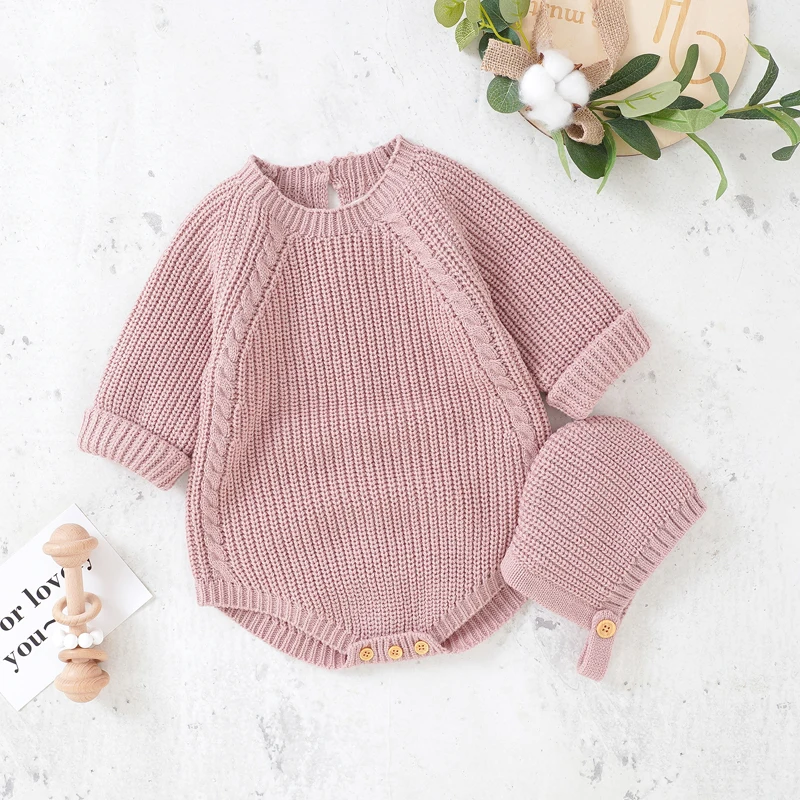 Winter Baby Clothes 2pcs/Set Autumn Solid Long Sleeve Knitted Newborn Boys Girls Bodysuits Hats Outfits 0-18m Infantil Jumpsuits