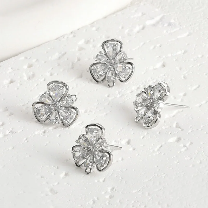 6pair 17mm DIY Jewelry Accessorie 3 Petals Flower CZ Zirconia Stud Earring Base Connector for Women Hanging on Earring Making