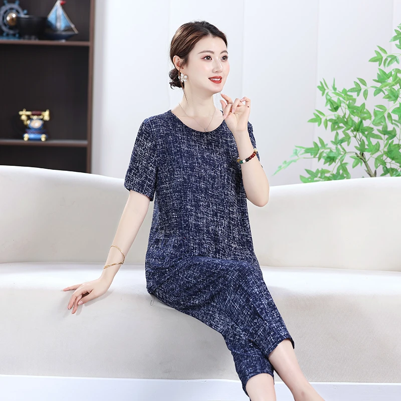 

Summer Suit New Casual Solid Color Short Sleeve Ankle-Length Pants 2 Piece Set Middle Age Mother Outfit Women's Sets