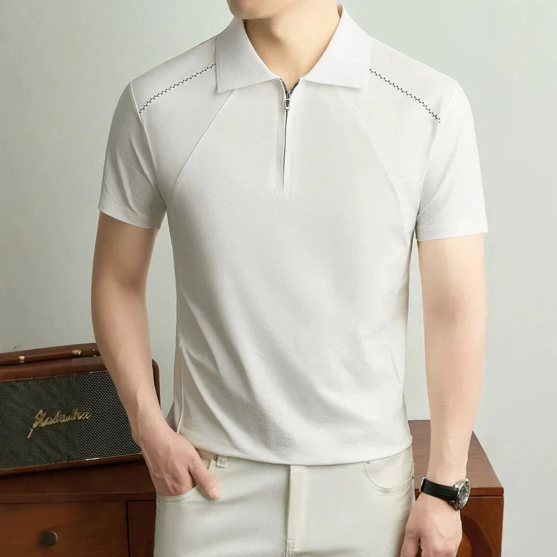 

Summer Men's Half-zip Polo Shirt Lightweight Comfortable Business T-Shirts Casual Spliced Shoulder Lapel Short Sleeved Tees