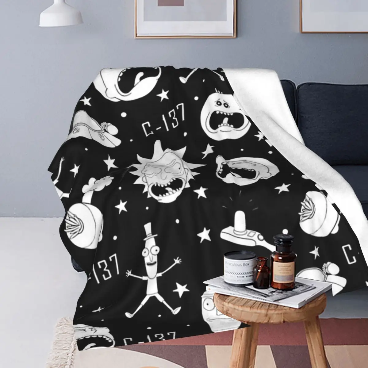 

Black And White Rick-And-Morty Pattern Blanket Soft Warm Flannel Throw Blanket Bedspread for Bed Living room Travel Home Couch