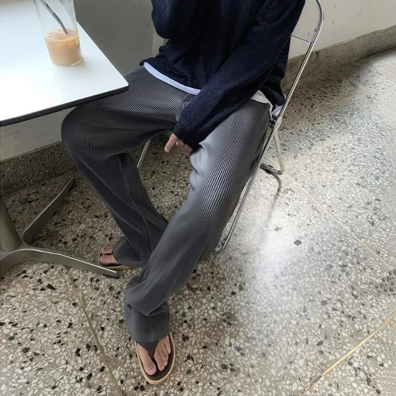 Summer Pleated Pants Men Fashion Gray Black Ice Silk Pants Men Streetwear Korean Loose Straight Pants Mens Trousers Plus Size
