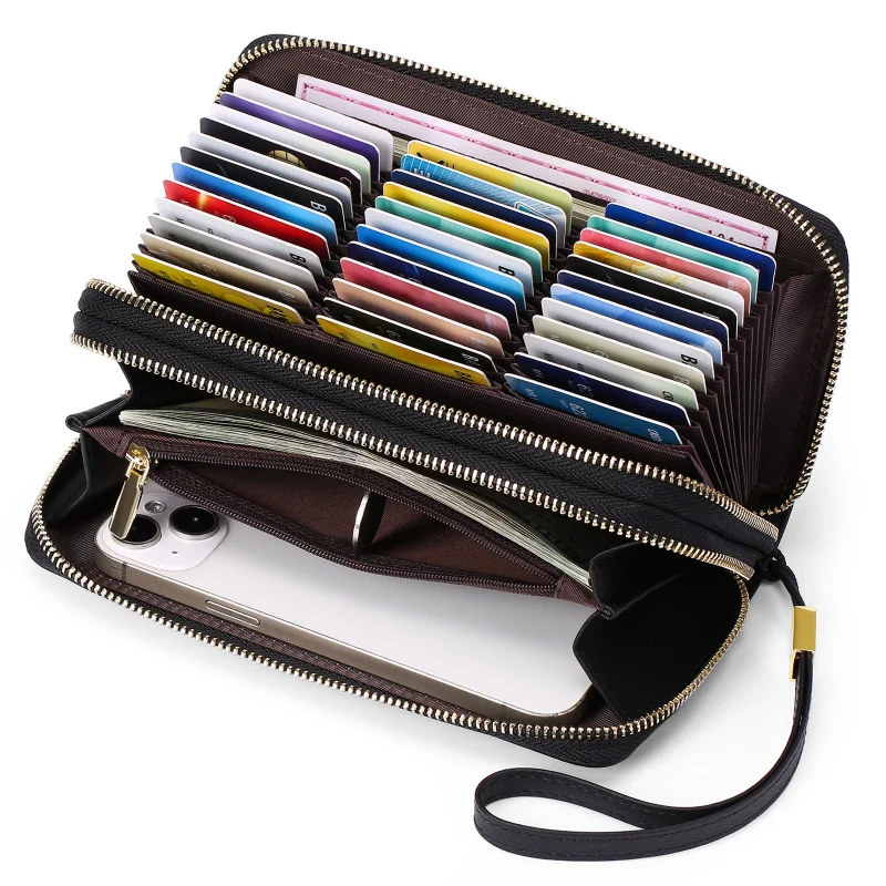 Western RIFD Blocking Long PU Multifunctional Women Wallet Cards Storage Bag Passport Bag Double Zipper Purse for Ladies